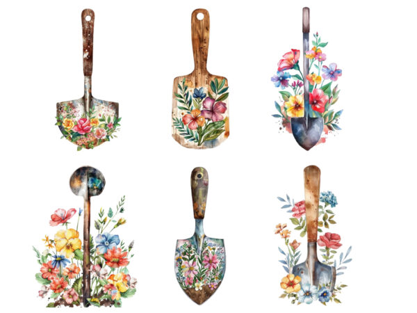 Watercolor garden spade with flowers t shirt design for sale