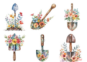 Watercolor garden spade with flowers