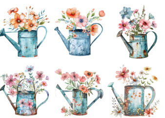 watercolor Watering Can with flowers clipart