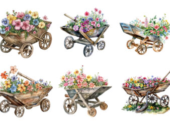 watercolor Wheelbarrow with flowers clipart