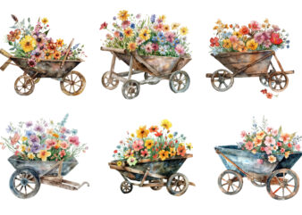 watercolor Wheelbarrow with flowers clipart