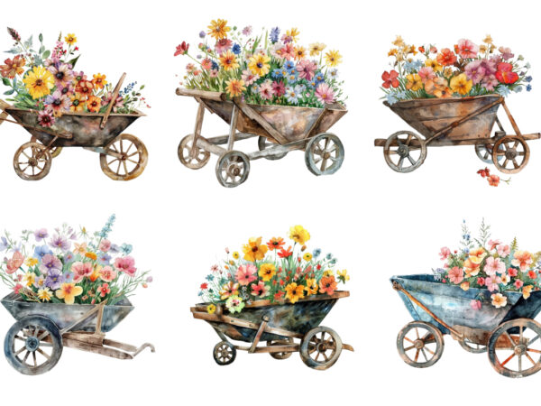 Watercolor wheelbarrow with flowers clipart t shirt design for sale