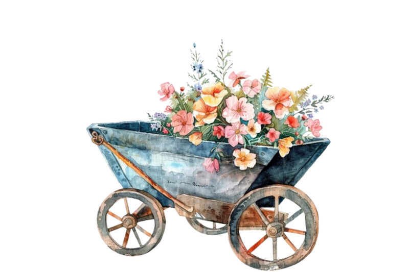 watercolor Wheelbarrow with flowers clipart