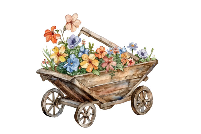 watercolor Wheelbarrow with flowers clipart