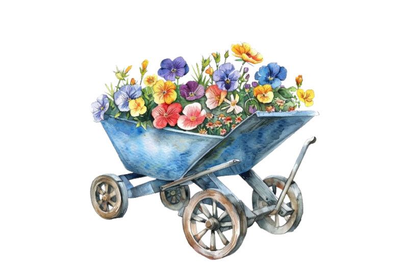 watercolor Wheelbarrow with flowers clipart