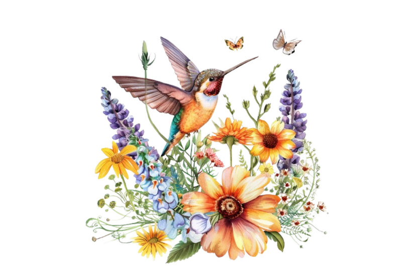 watercolor Wildflowers with Winged Animal
