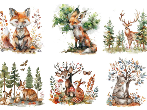 Watercolor woodland animal clipart t shirt design for sale