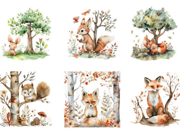 Watercolor woodland animal clipart t shirt design for sale