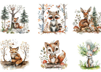 watercolor Woodland Animal clipart t shirt design for sale