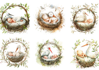 watercolor baby sleeping nest with stork