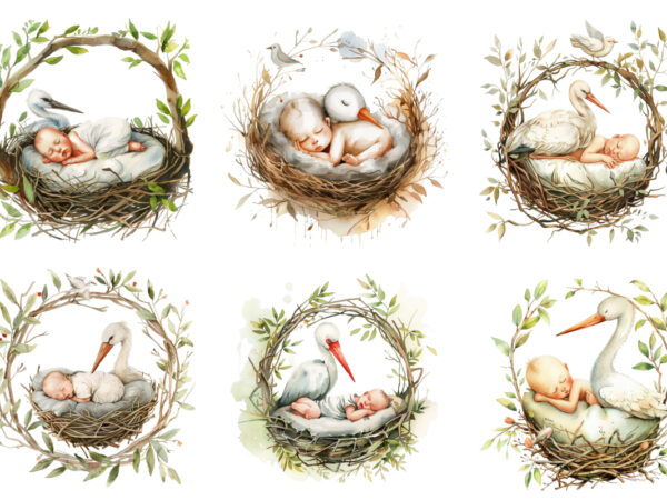 Watercolor baby sleeping nest with stork t shirt design for sale