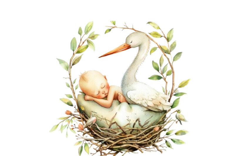 watercolor baby sleeping nest with stork