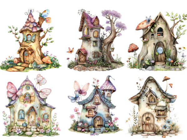 Watercolor little fairy house clipart t shirt design for sale