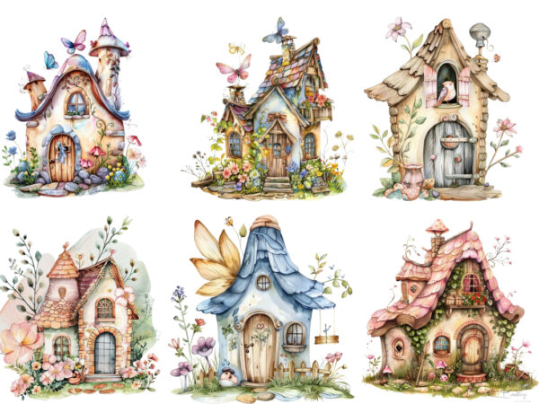 Watercolor little fairy house clipart t shirt design for sale
