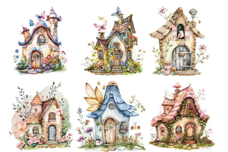 watercolor little Fairy house clipart
