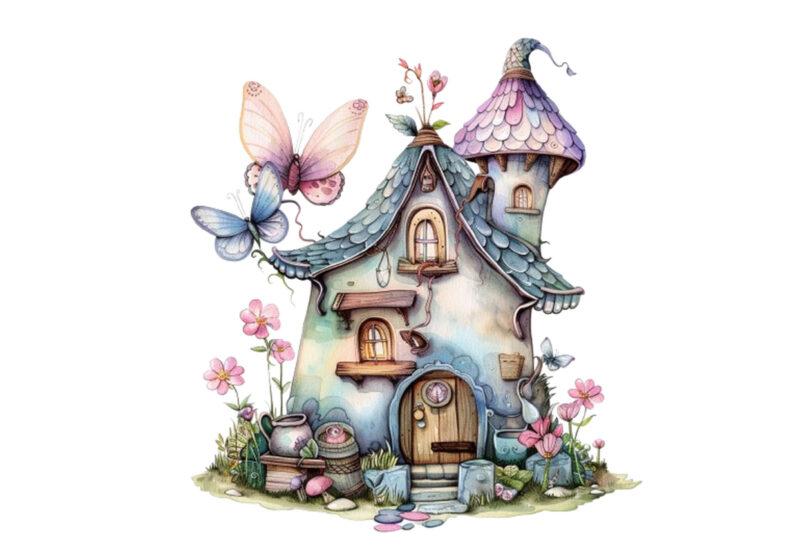 watercolor little Fairy house clipart