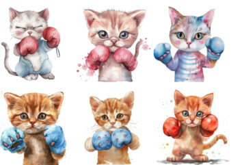 watercolor cute little Boxing Cat Clipart