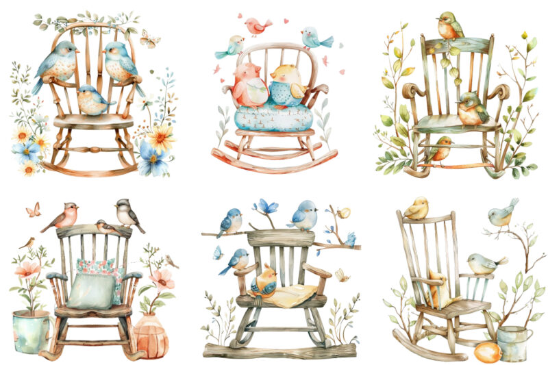 watercolor cute rocking chair with funny bird