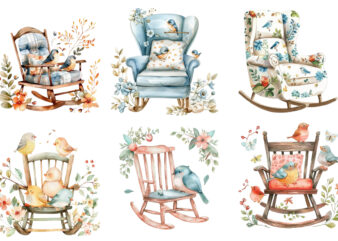 watercolor cute rocking chair with funny bird