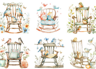 watercolor cute rocking chair with funny bird