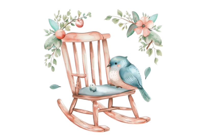 watercolor cute rocking chair with funny bird
