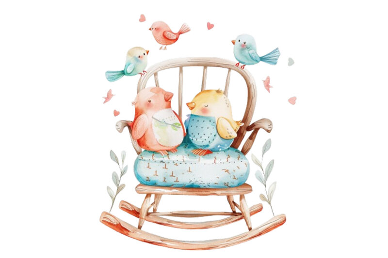 watercolor cute rocking chair with funny bird