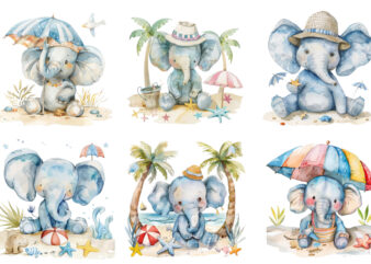 watercolor funny Elephant in Beach
