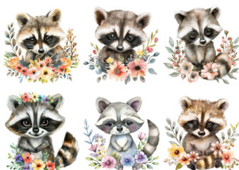 watercolour cute baby Raccoon with flower