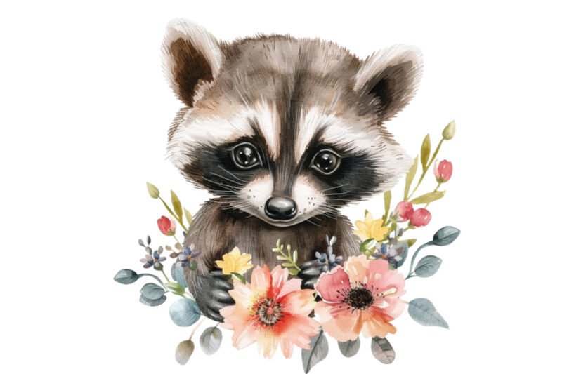 watercolour cute baby Raccoon with flower