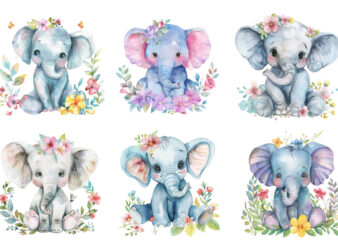 watercolour cute baby elephant with flower