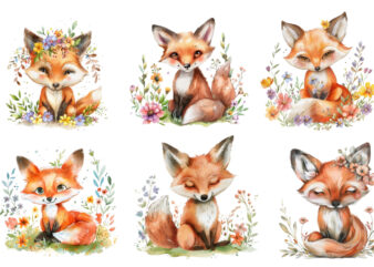 watercolour cute baby fox with flowers