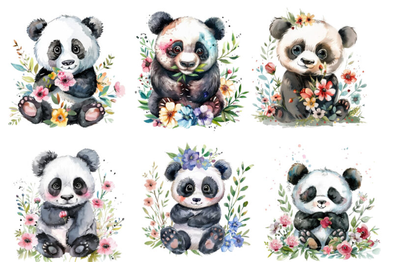 watercolour cute baby panda with flowers
