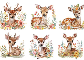 watercolour cute baby sika deer with flower