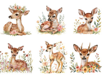 watercolour cute baby sika deer with flower