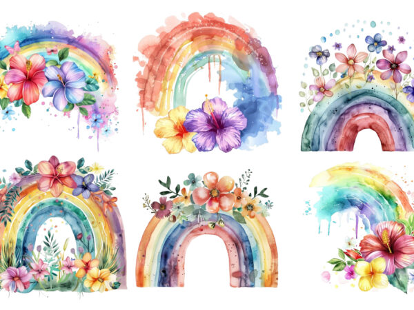 Watercolour rainbow with flower t shirt design for sale