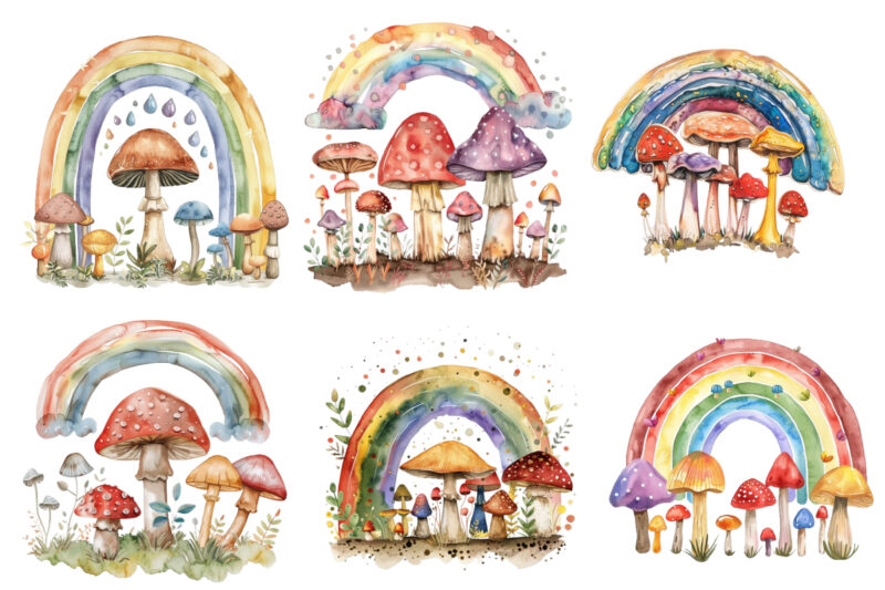 watercolour rainbow with mashroom clipart