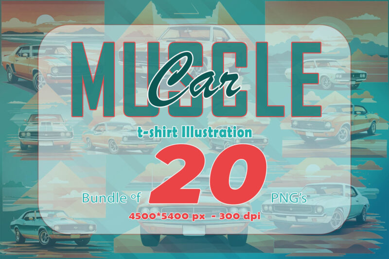 Mega t-shirt design bundle with 20 png designs – download instantly American Muscle Car T-shirt Illustration Clipart Bundle
