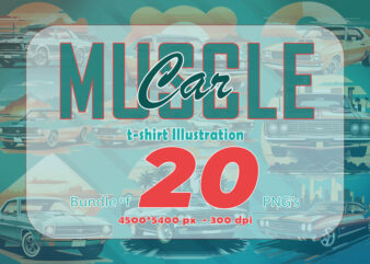 Mega t-shirt design bundle with 20 png designs – download instantly American Muscle Car Illustration T-shirt Clipart Bundle