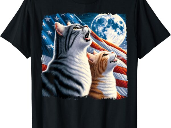 Cat 4th of july american flag howling cats under blood moon t-shirt