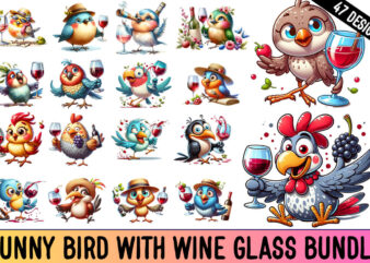 Funny Bird With Wine Glass Clipart Bundle