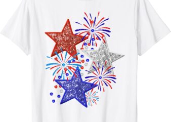 Girl 4th of July Women Red White Blue Star American Firework T-Shirt