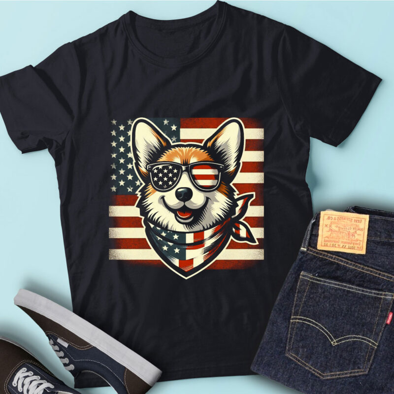 LT105 Dog Pembroke Welsh Corgis With USA Flag T Shirt