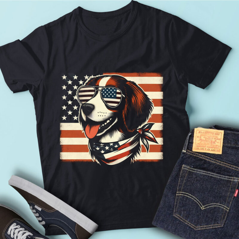 LT122 Brittany Dogs T Shirt Gift USA Flag Funny Dog Lover