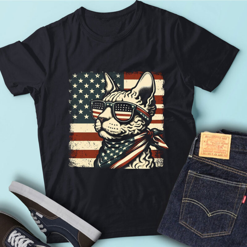LT161 Devon Rex Cats USA Flag 4th Of July Patriotic Cat