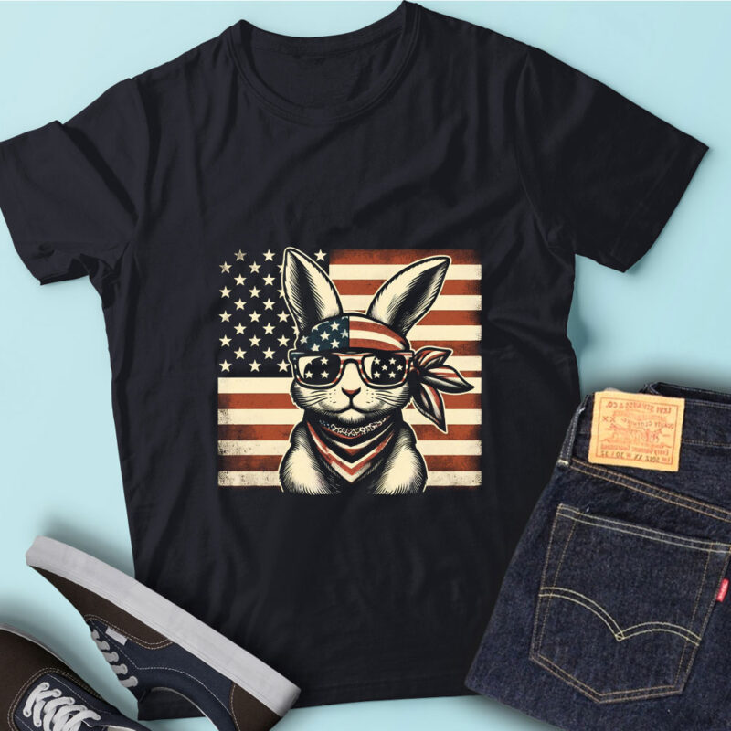 LT166 Rabbit Bunny Gift USA Flag July 4th Patriotic Rabbit