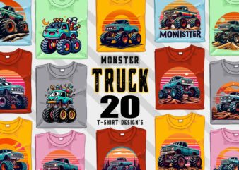 20 Retro Monster Truck T-shirt Illustration Clipart Bundle for Trendy T-Shirt Designs