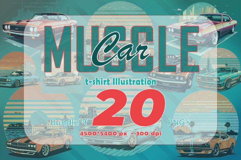 20 American Muscle Car Illustration T-Shirt Design Inspiration with Illustration Clipart for Print on Demand websites