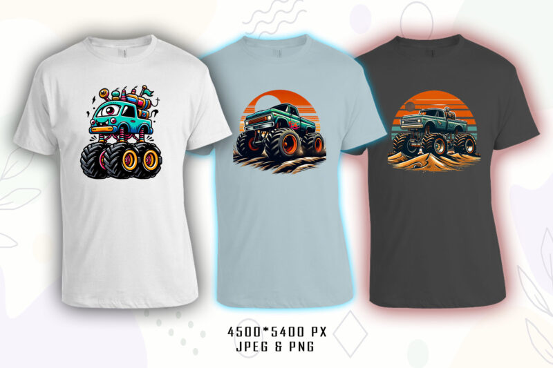 20 Retro Monster Truck T-shirt Illustration Clipart Bundle for Trendy T-Shirt Designs