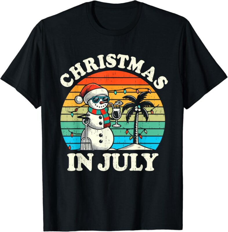 Vintage Christmas In July Snowman Summer Beach Vacation Xmas T-Shirt