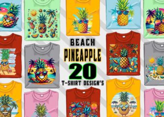 Pineapple on Beach t-shirt design bundle with 20 png designs – download instantly Summer T-shirt Design